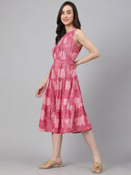 Janasya Women's Pink Crepe Digital Printed Tiered Western Dress | Grocsy