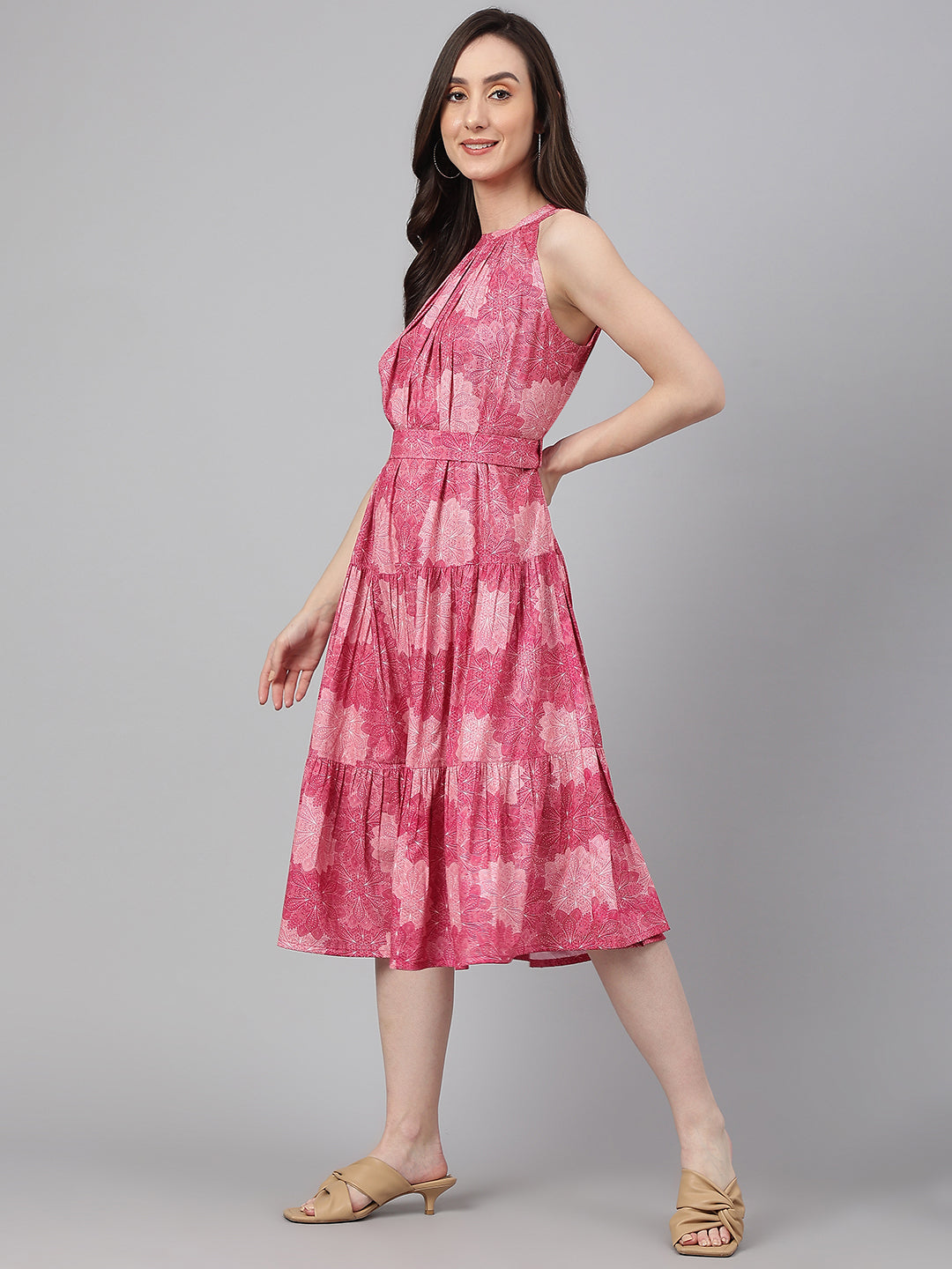 Janasya Women's Pink Crepe Digital Printed Tiered Western Dress | Grocsy