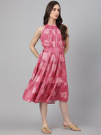Janasya Women's Pink Crepe Digital Printed Tiered Western Dress | Grocsy