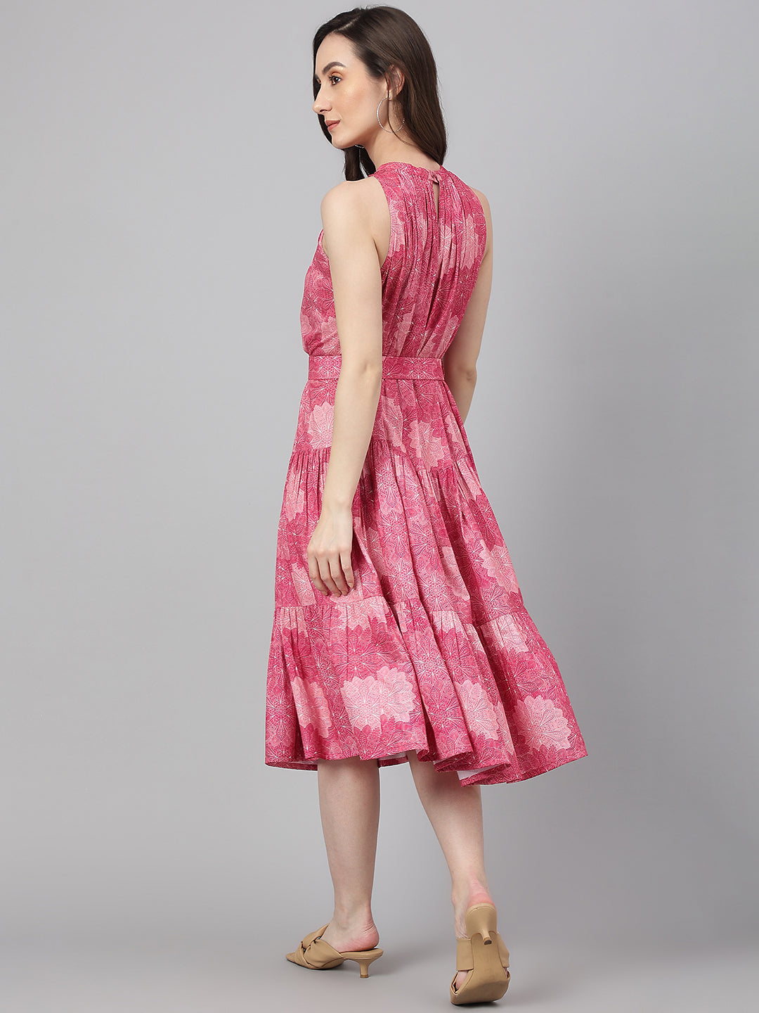 Janasya Women's Pink Crepe Digital Printed Tiered Western Dress | Grocsy