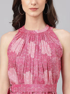 Janasya Women's Pink Crepe Digital Printed Tiered Western Dress | Grocsy