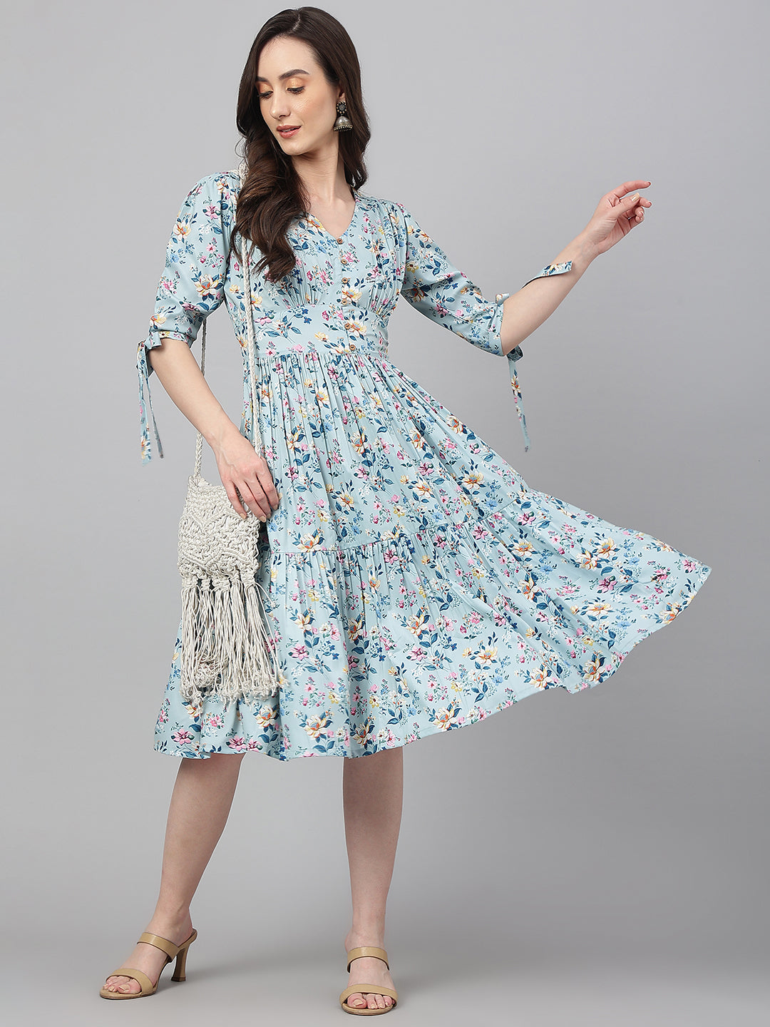 Janasya Women's Blue Crepe Digital Printed Flared Western Dress | Grocsy