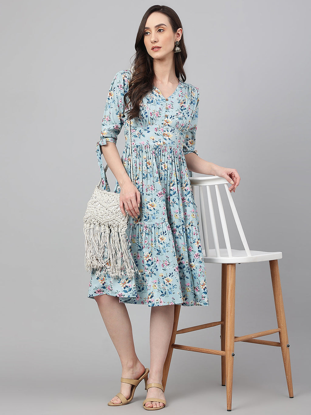 Janasya Women's Blue Crepe Digital Printed Flared Western Dress | Grocsy