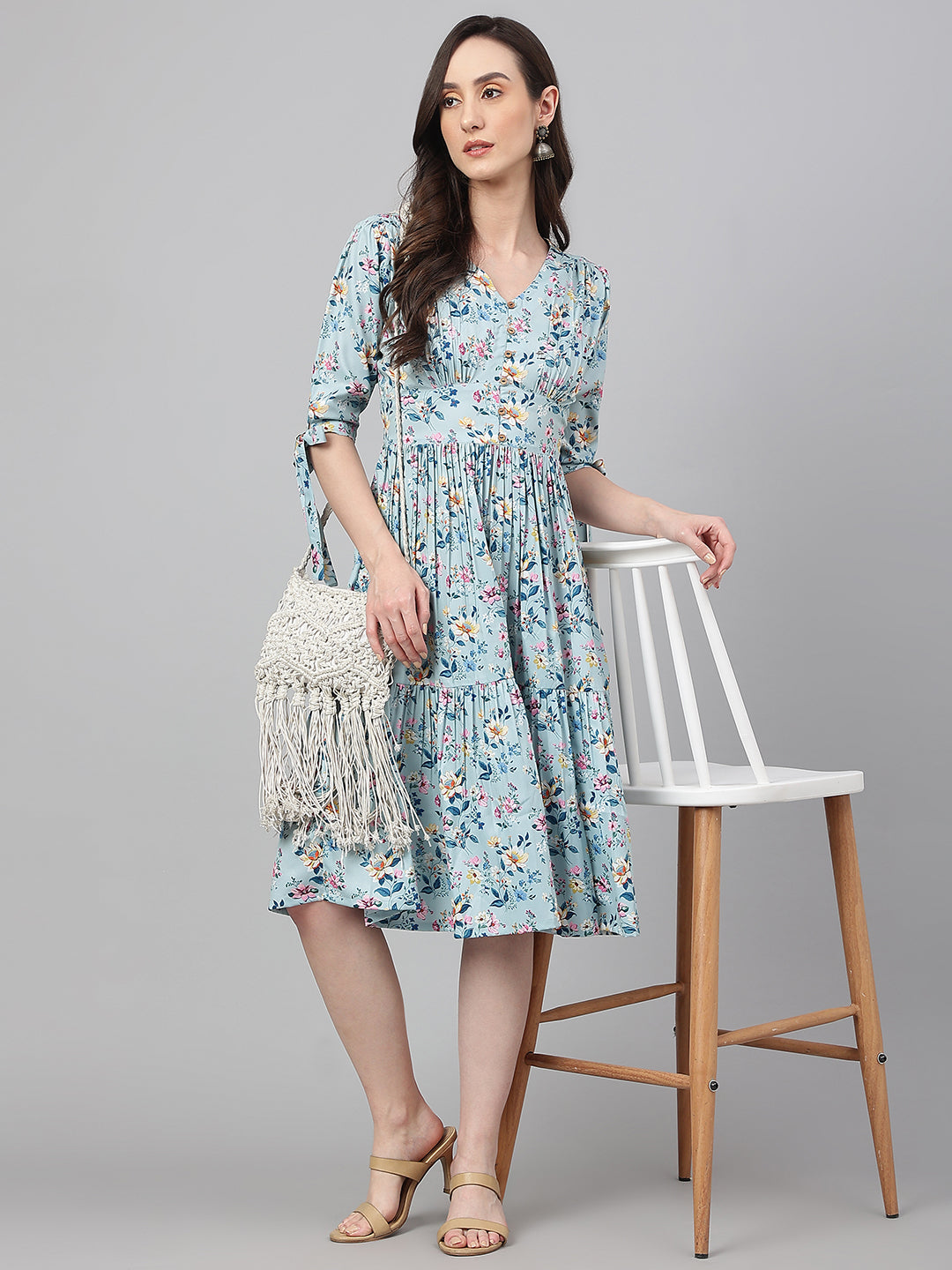 Janasya Women's Blue Crepe Digital Printed Flared Western Dress | Grocsy