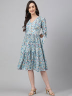Janasya Women's Blue Crepe Digital Printed Flared Western Dress | Grocsy