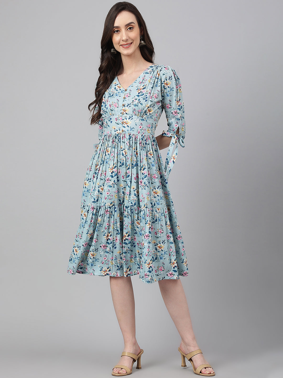 Janasya Women's Blue Crepe Digital Printed Flared Western Dress | Grocsy