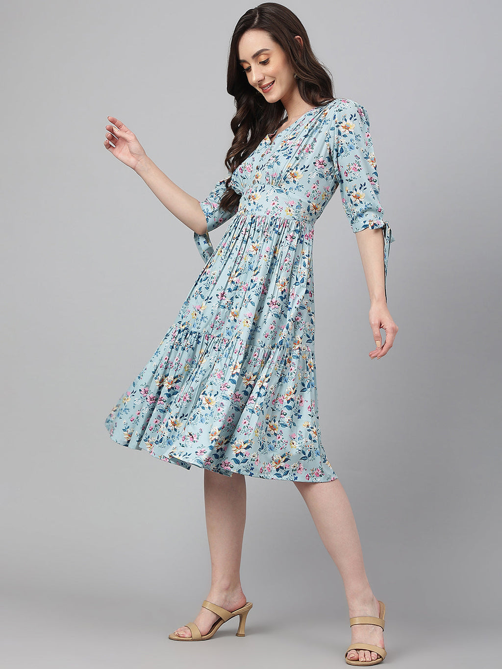 Janasya Women's Blue Crepe Digital Printed Flared Western Dress | Grocsy