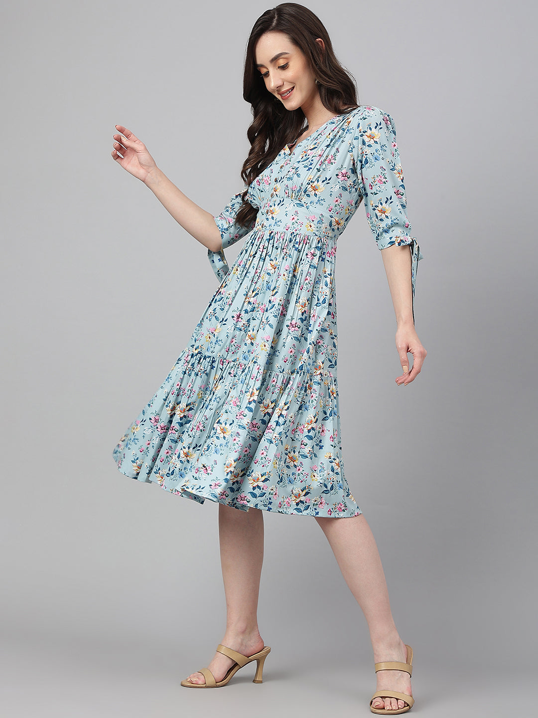 Janasya Women's Blue Crepe Digital Printed Flared Western Dress | Grocsy