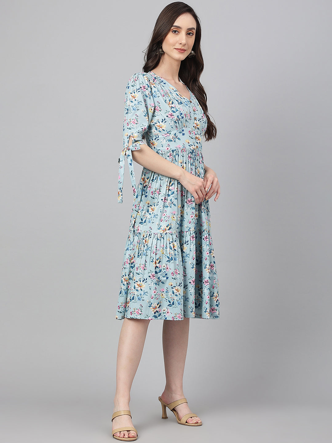 Janasya Women's Blue Crepe Digital Printed Flared Western Dress | Grocsy