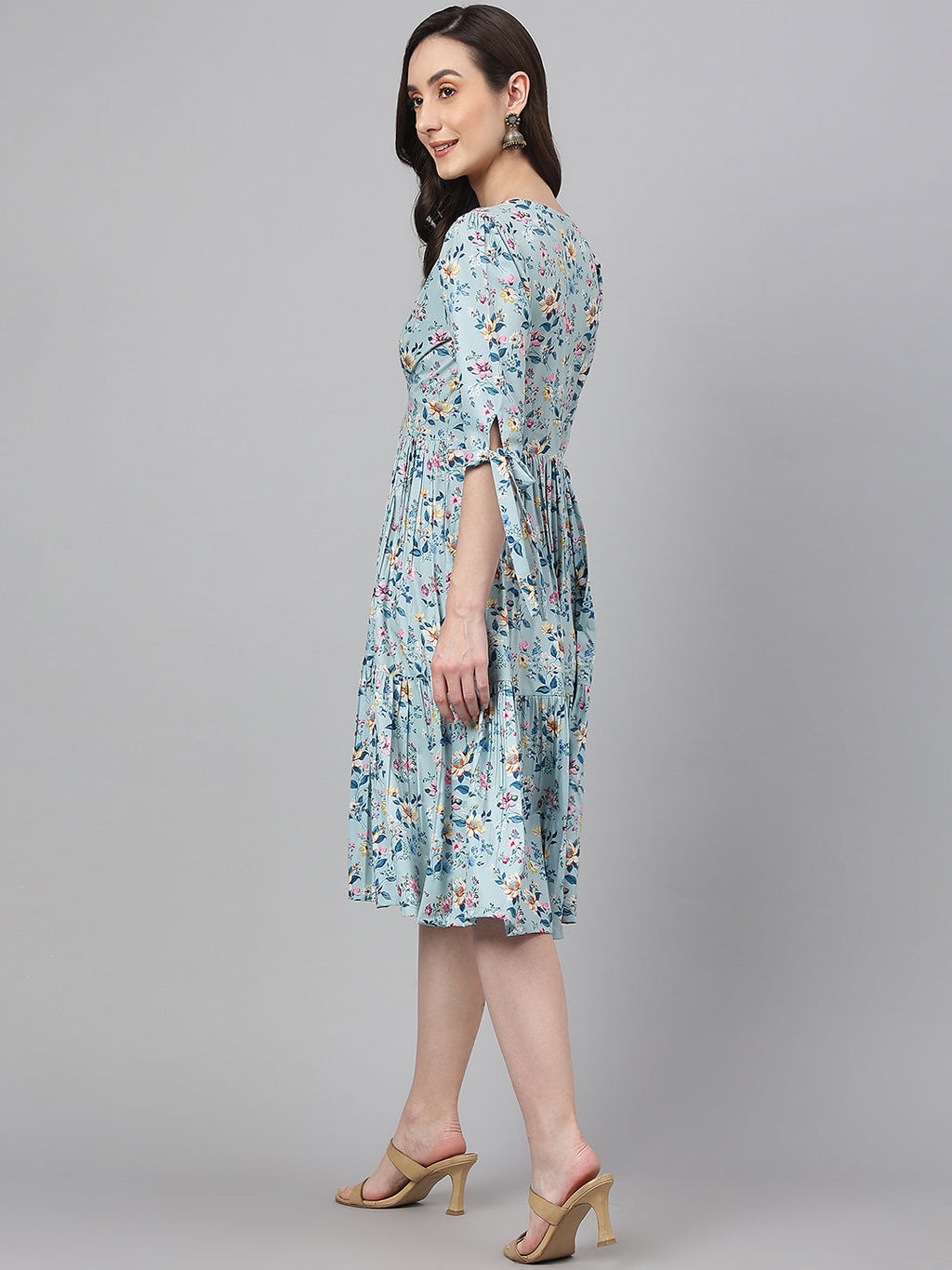 Janasya Women's Blue Crepe Digital Printed Flared Western Dress | Grocsy