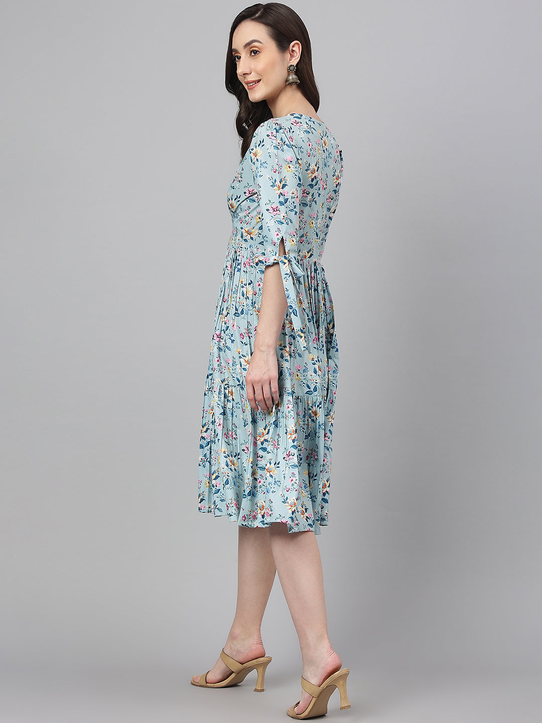Janasya Women's Blue Crepe Digital Printed Flared Western Dress | Grocsy