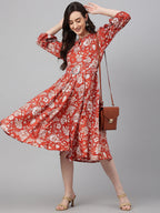 Janasya Women's Rust Crepe Digital Printed Flared Western Dress | Grocsy