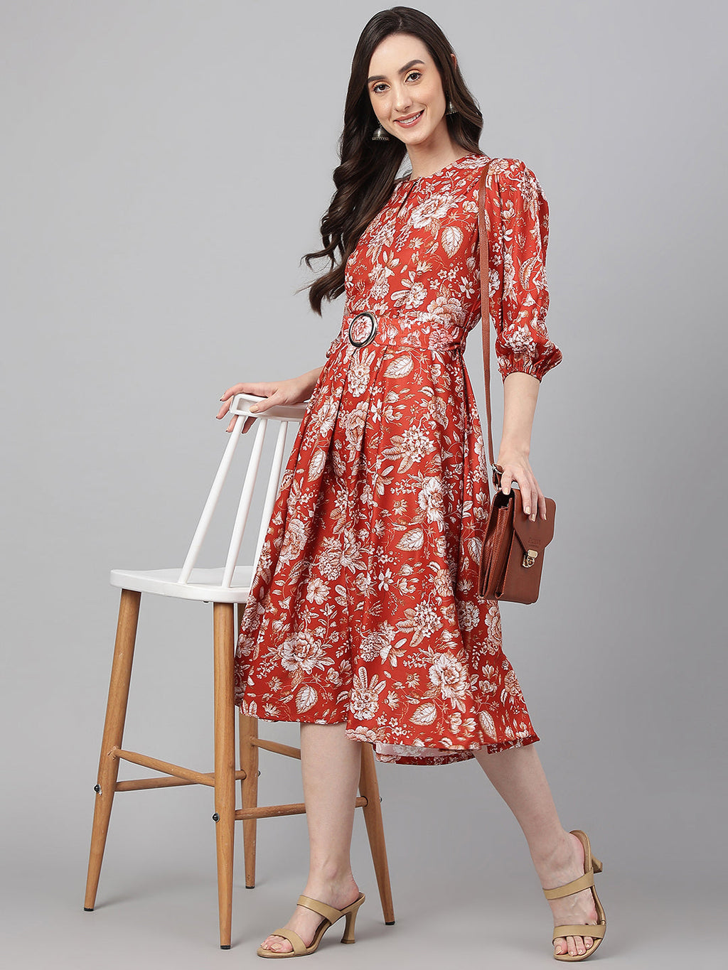 Janasya Women's Rust Crepe Digital Printed Flared Western Dress | Grocsy