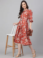 Janasya Women's Rust Crepe Digital Printed Flared Western Dress | Grocsy