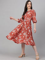 Janasya Women's Rust Crepe Digital Printed Flared Western Dress | Grocsy