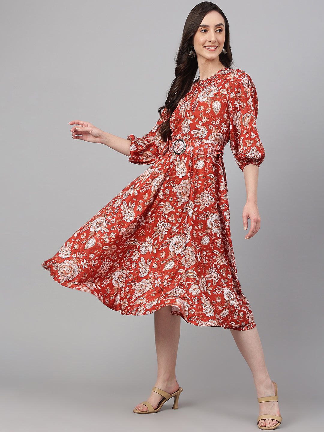 Janasya Women's Rust Crepe Digital Printed Flared Western Dress | Grocsy