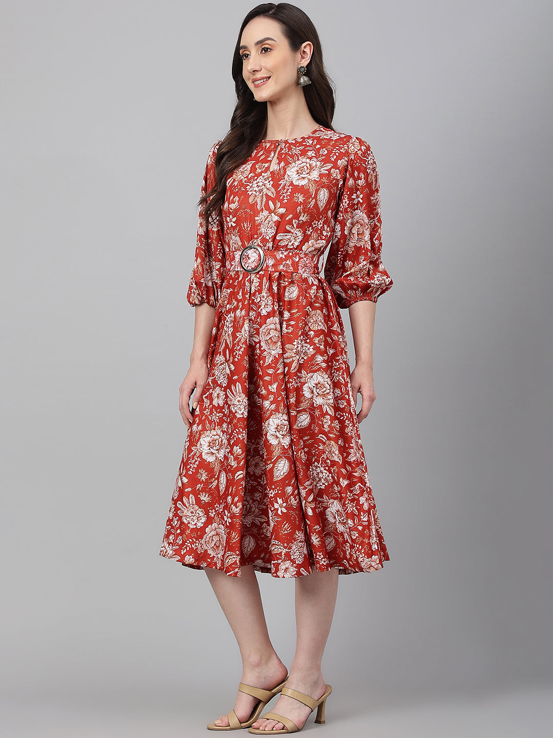 Janasya Women's Rust Crepe Digital Printed Flared Western Dress | Grocsy