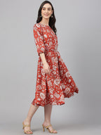Janasya Women's Rust Crepe Digital Printed Flared Western Dress | Grocsy