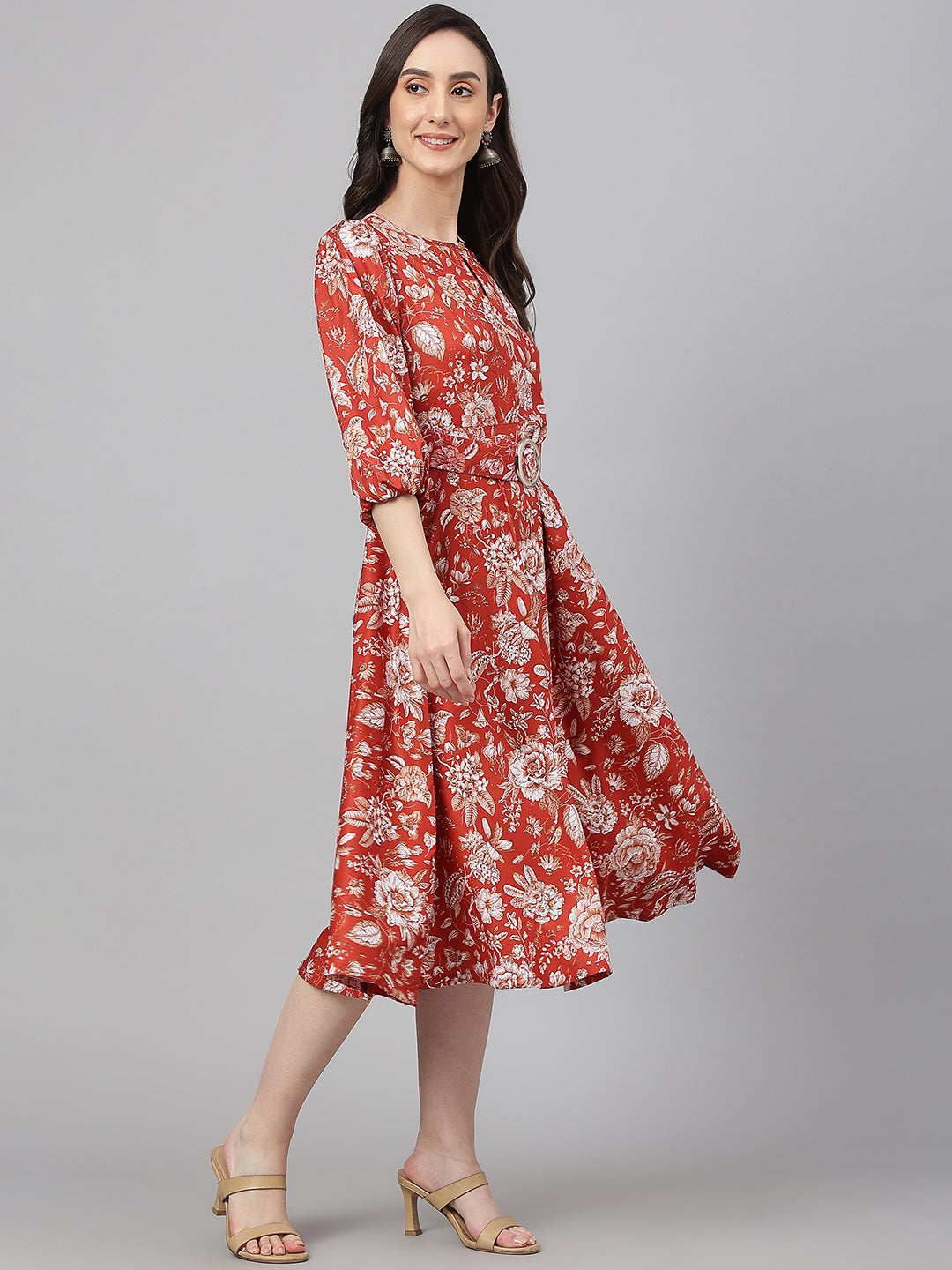 Janasya Women's Rust Crepe Digital Printed Flared Western Dress | Grocsy