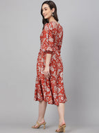 Janasya Women's Rust Crepe Digital Printed Flared Western Dress | Grocsy
