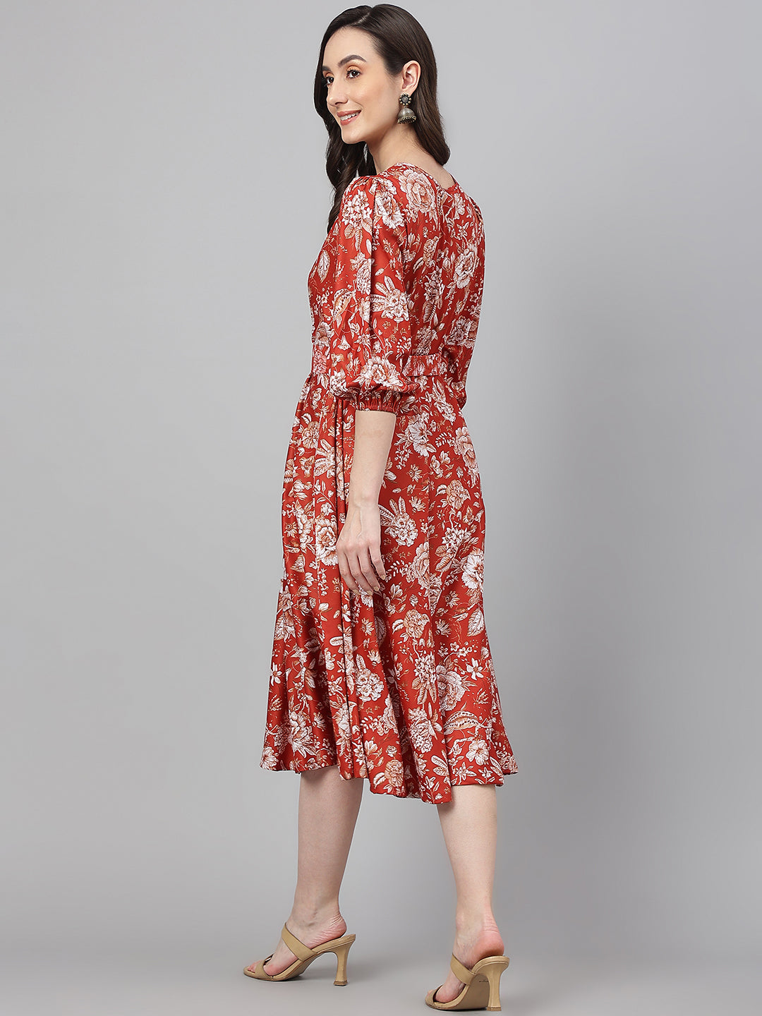 Janasya Women's Rust Crepe Digital Printed Flared Western Dress | Grocsy