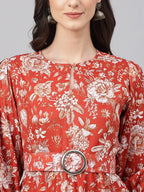 Janasya Women's Rust Crepe Digital Printed Flared Western Dress | Grocsy