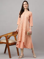 Janasya Women's Peach Crepe Foil Printed Casual Frontslit Kurta | Grocsy