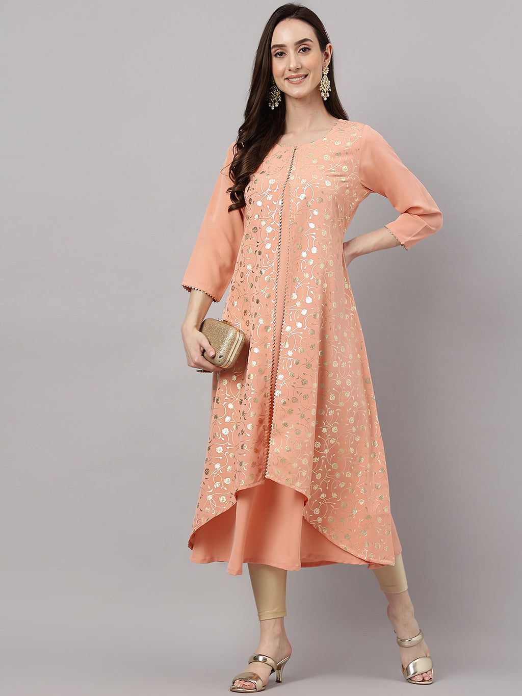Janasya Women's Peach Crepe Foil Printed Casual Frontslit Kurta | Grocsy