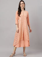 Janasya Women's Peach Crepe Foil Printed Casual Frontslit Kurta | Grocsy