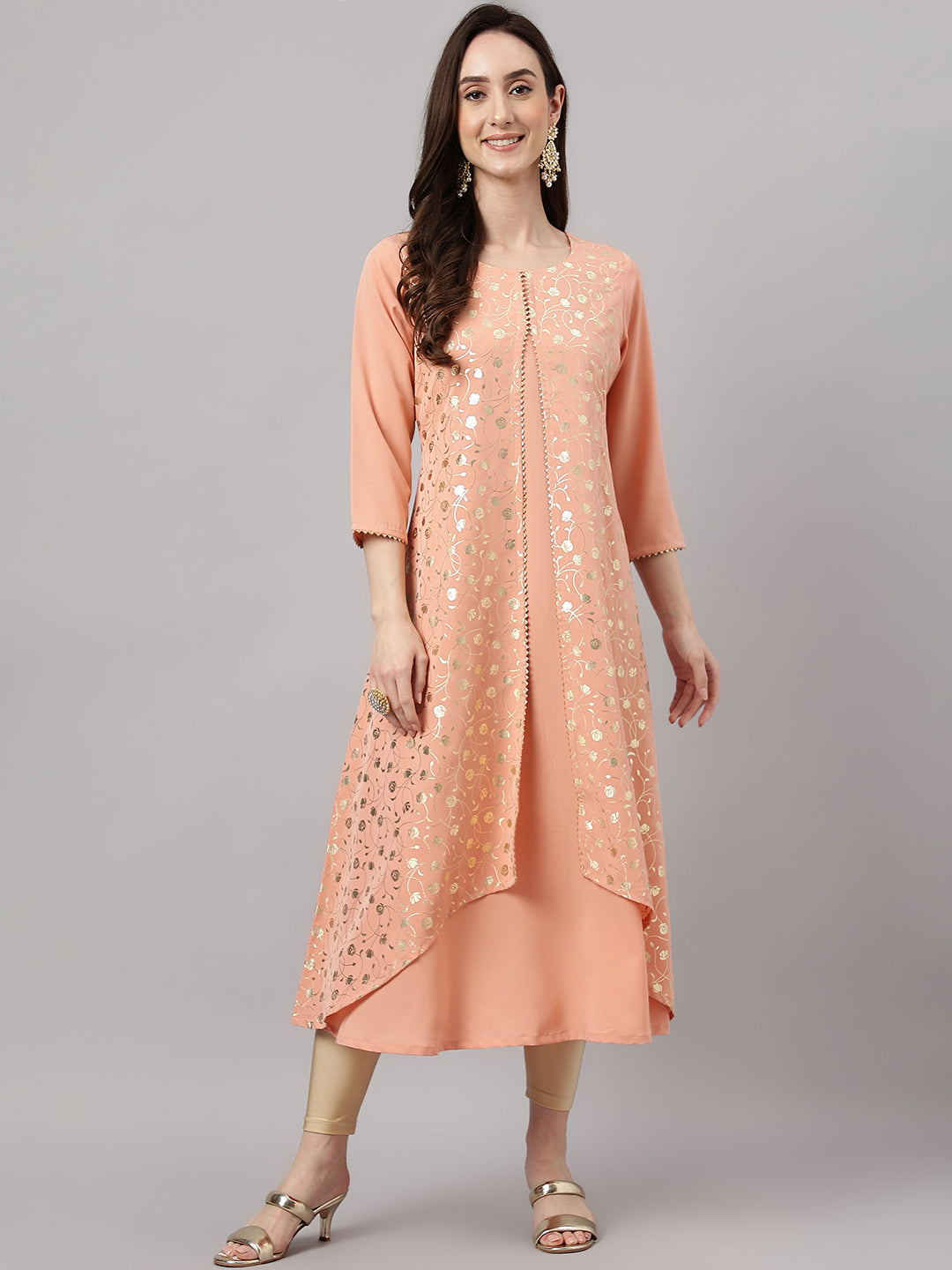 Janasya Women's Peach Crepe Foil Printed Casual Frontslit Kurta | Grocsy