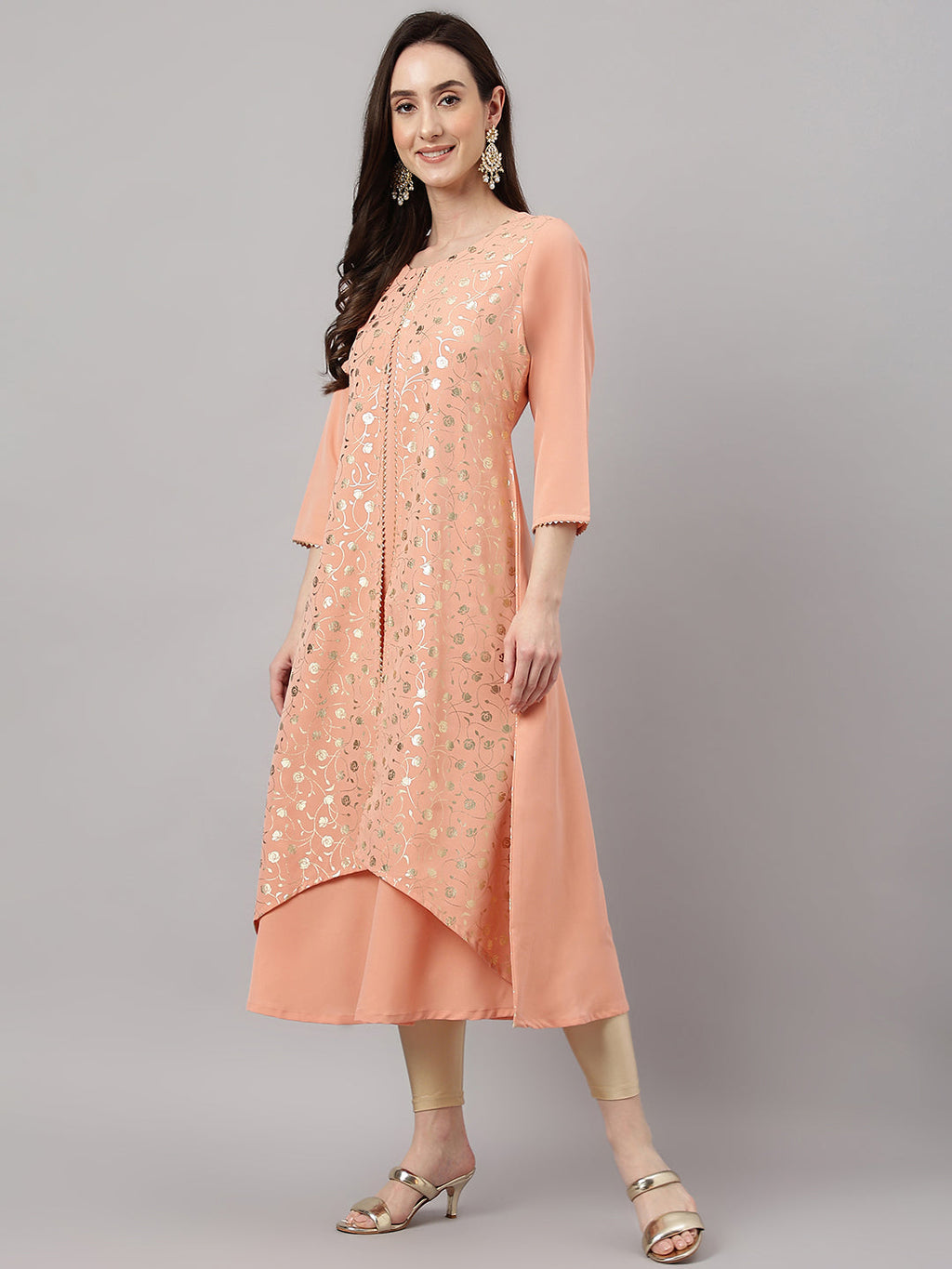 Janasya Women's Peach Crepe Foil Printed Casual Frontslit Kurta | Grocsy