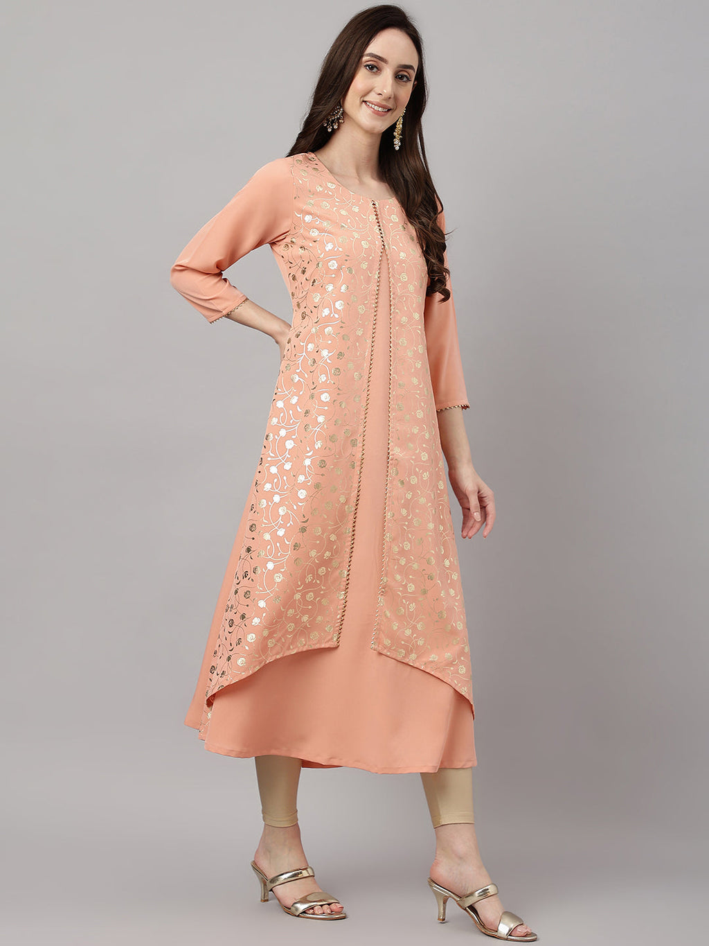 Janasya Women's Peach Crepe Foil Printed Casual Frontslit Kurta | Grocsy