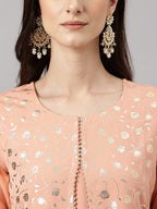 Janasya Women's Peach Crepe Foil Printed Casual Frontslit Kurta | Grocsy