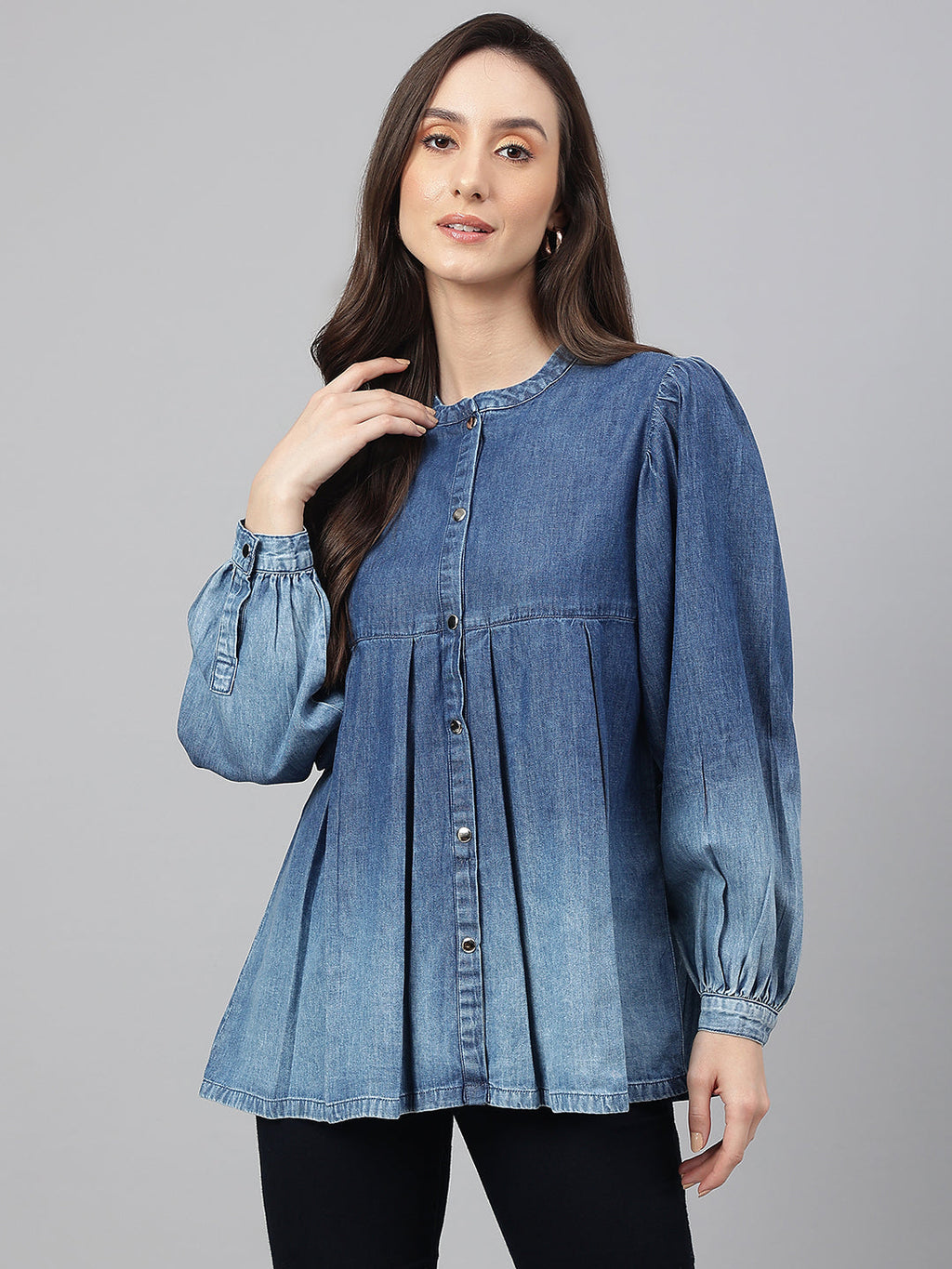 Janasya Women's Blue Denim Faded Flared Top | Grocsy