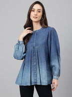 Janasya Women's Blue Denim Faded Flared Top | Grocsy