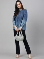 Janasya Women's Blue Denim Faded Flared Top | Grocsy