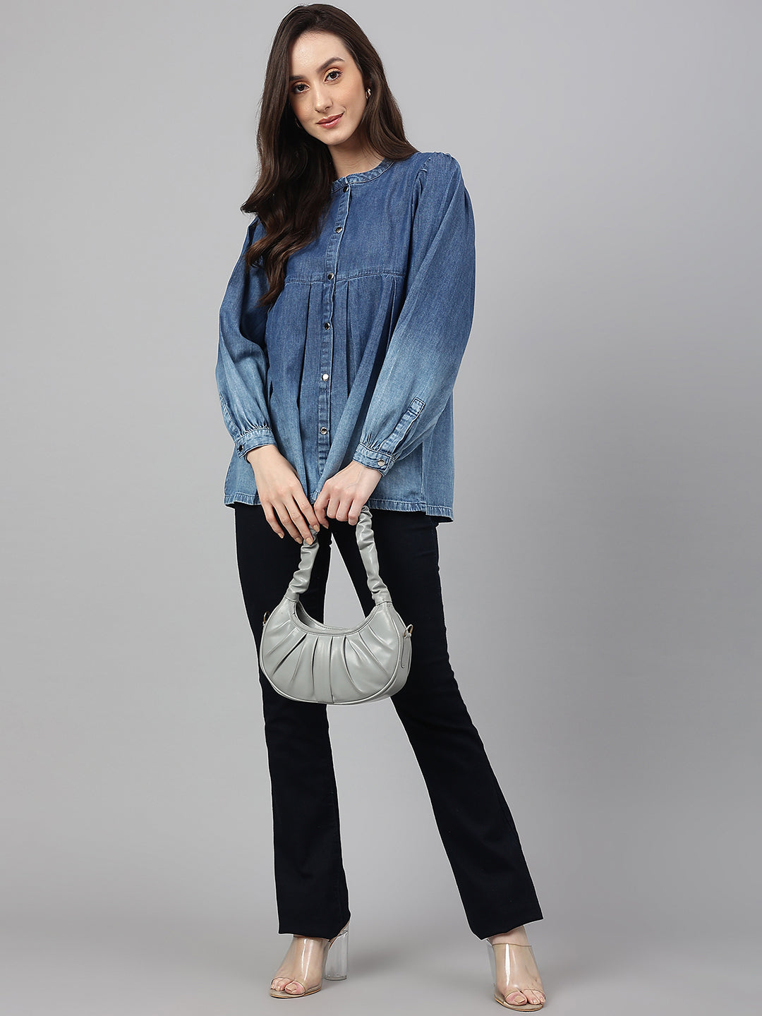 Janasya Women's Blue Denim Faded Flared Top | Grocsy