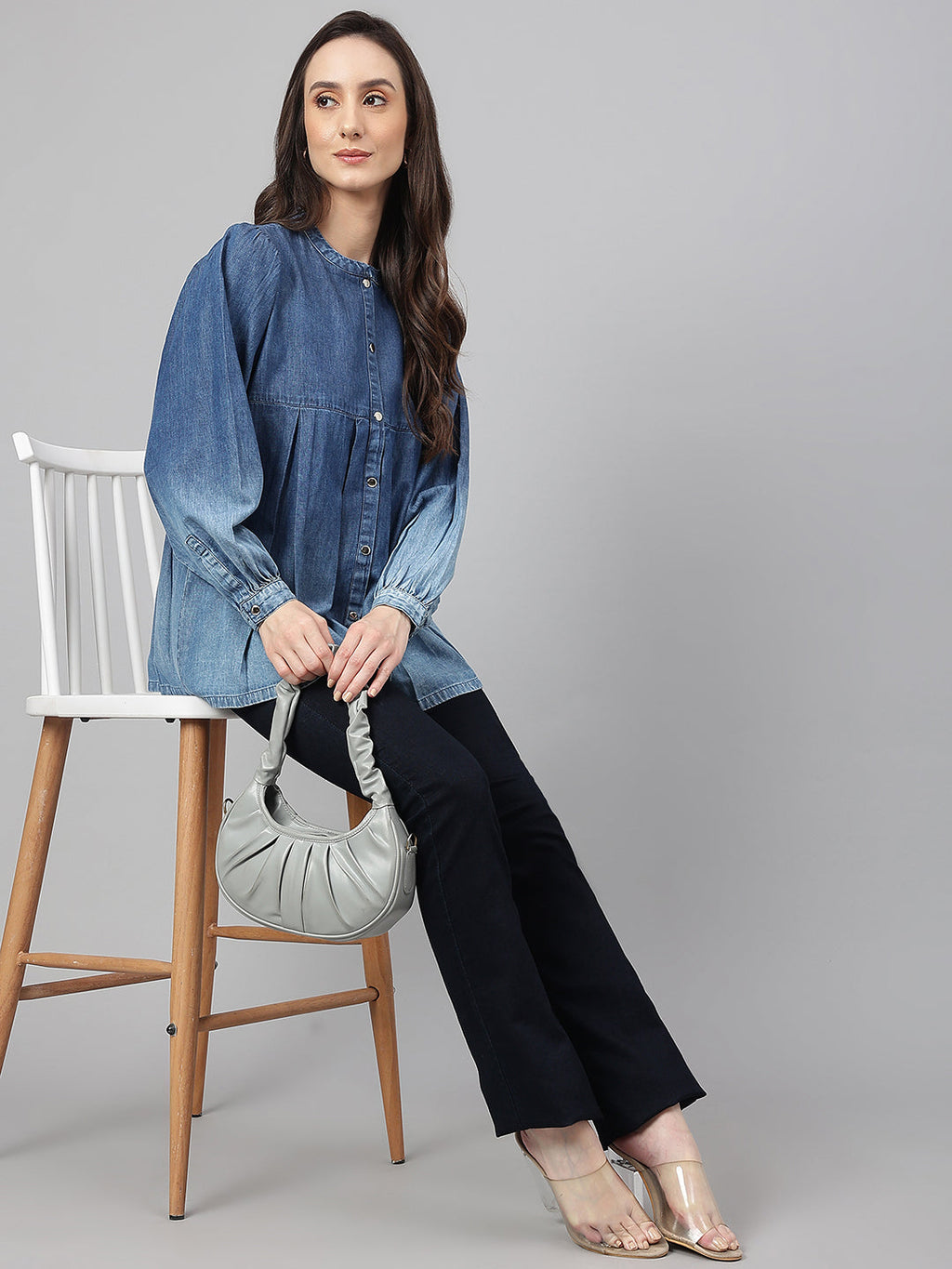Janasya Women's Blue Denim Faded Flared Top | Grocsy