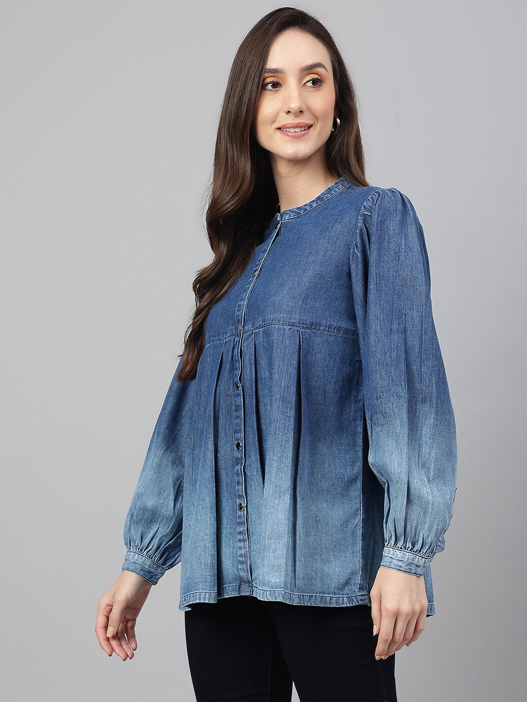 Janasya Women's Blue Denim Faded Flared Top | Grocsy