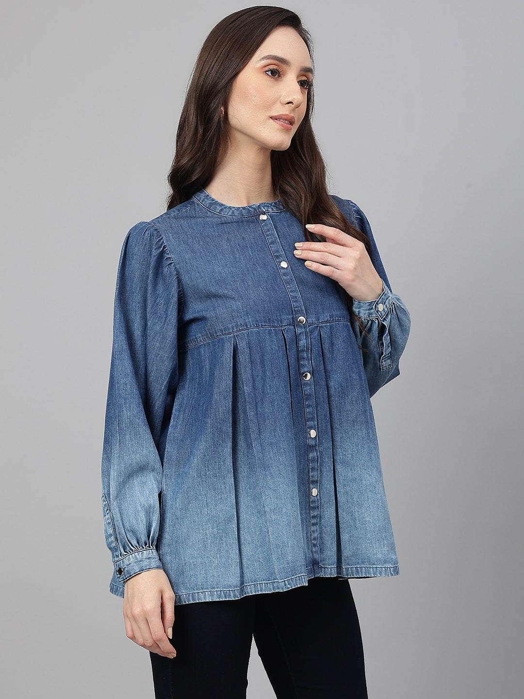 Janasya Women's Blue Denim Faded Flared Top | Grocsy