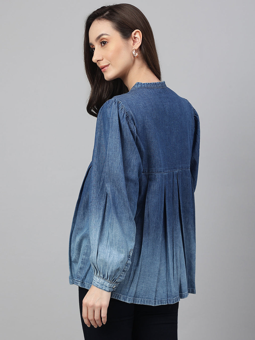 Janasya Women's Blue Denim Faded Flared Top | Grocsy