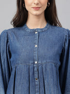 Janasya Women's Blue Denim Faded Flared Top | Grocsy