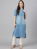 Janasya Women's Light Blue Denim Solid Casual High Low Kurta | Grocsy