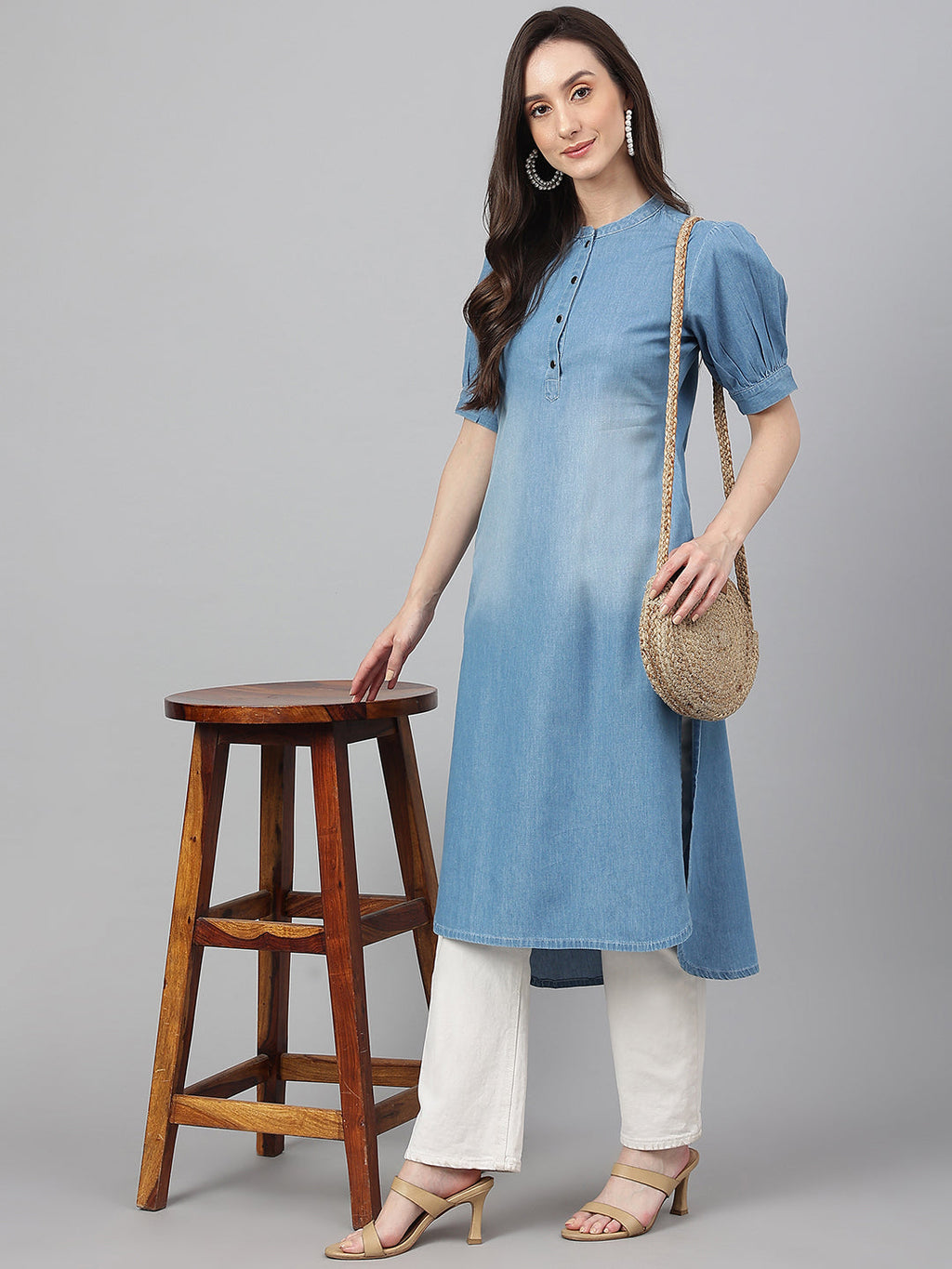 Janasya Women's Light Blue Denim Solid Casual High Low Kurta | Grocsy