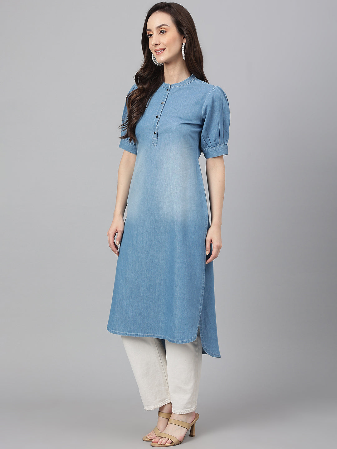 Janasya Women's Light Blue Denim Solid Casual High Low Kurta | Grocsy