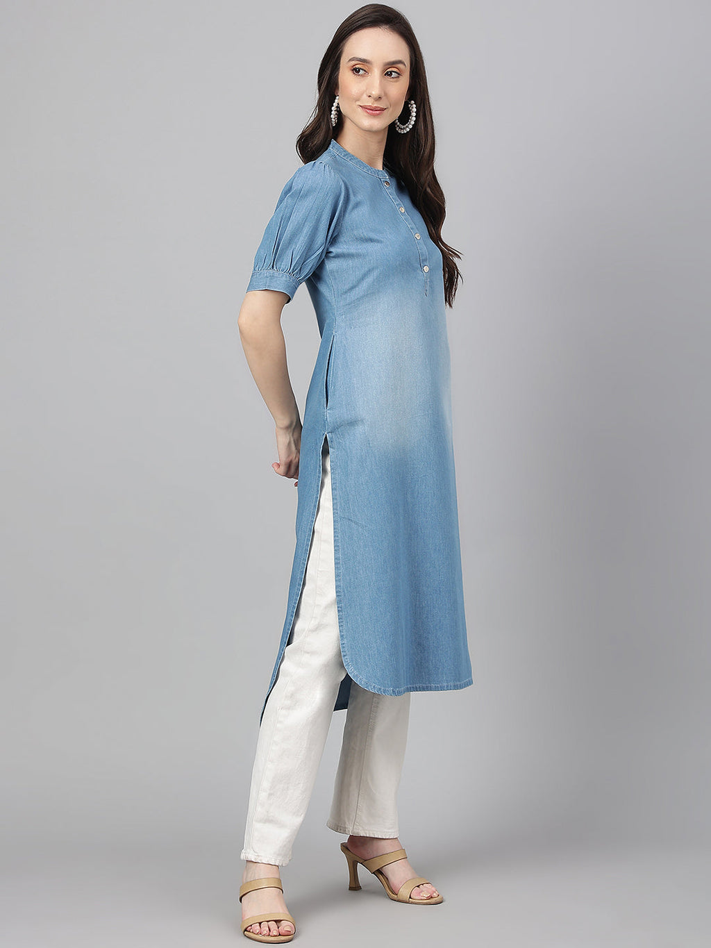 Janasya Women's Light Blue Denim Solid Casual High Low Kurta | Grocsy