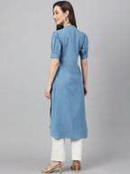 Janasya Women's Light Blue Denim Solid Casual High Low Kurta | Grocsy