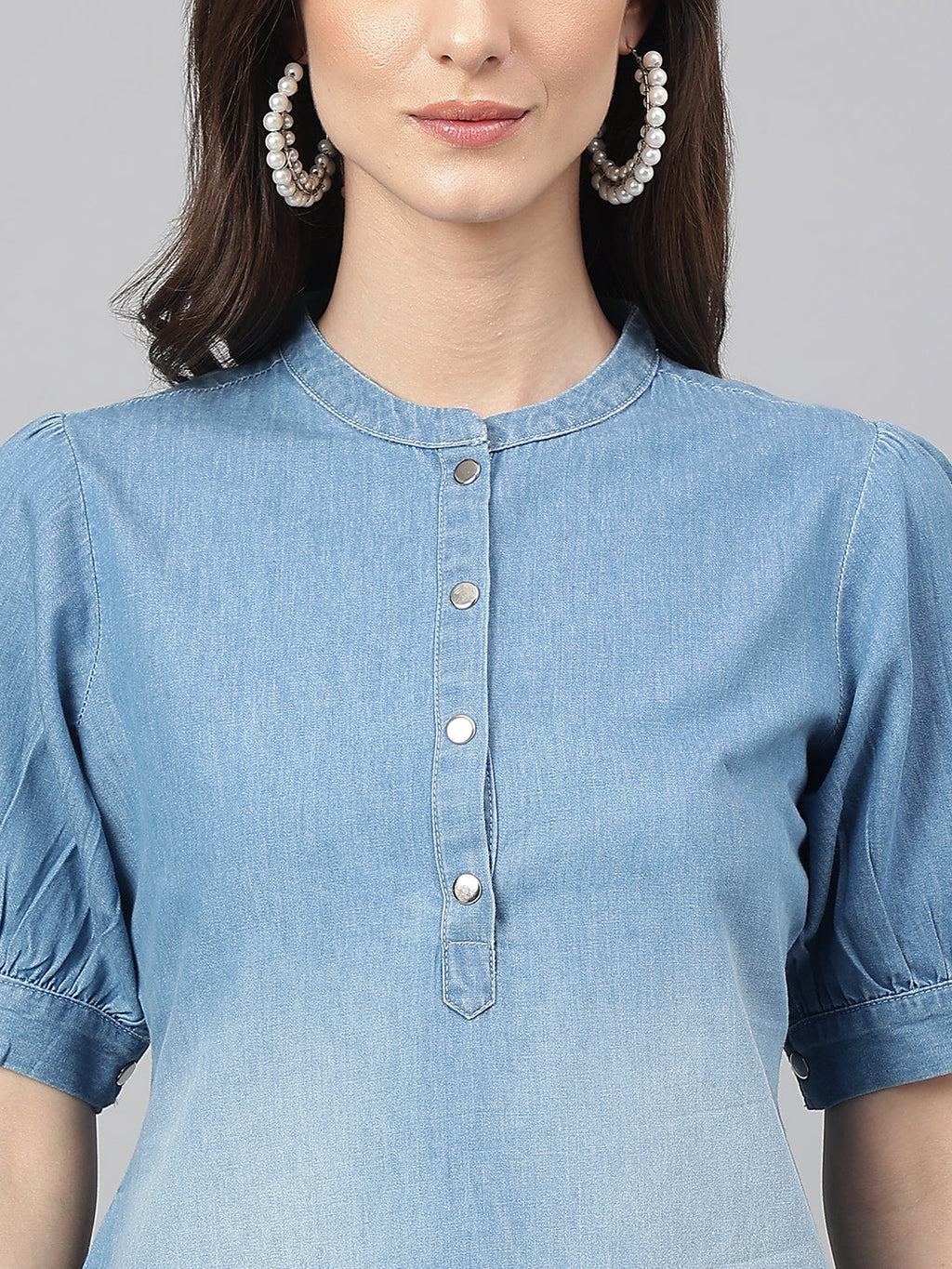 Janasya Women's Light Blue Denim Solid Casual High Low Kurta | Grocsy
