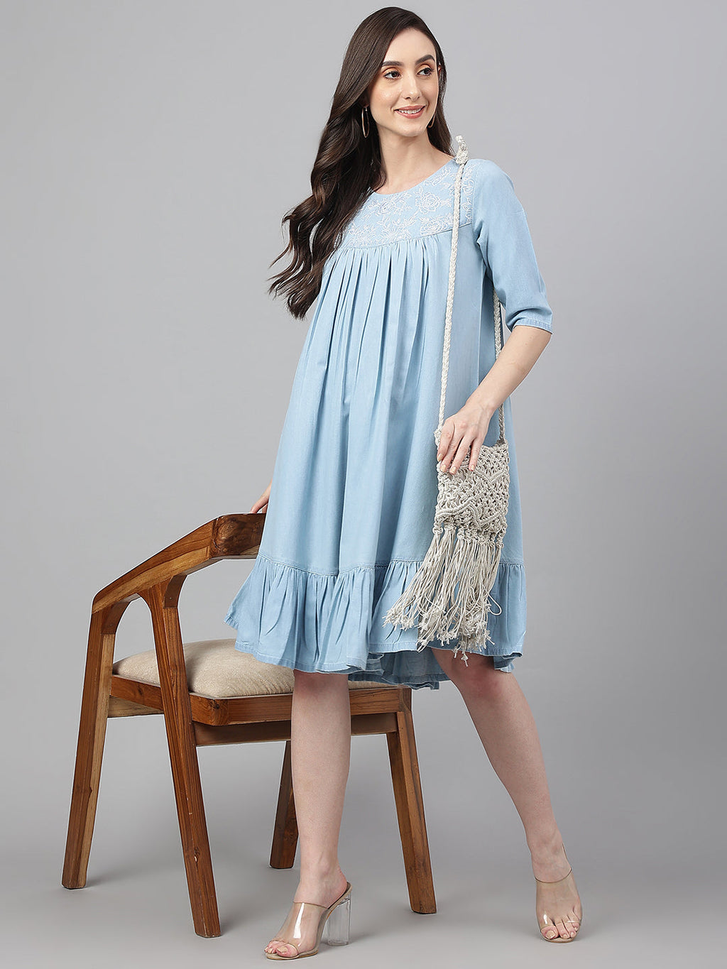 Janasya Women's Light Blue Denim Solid Flared Western Dress | Grocsy