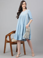 Janasya Women's Light Blue Denim Solid Flared Western Dress | Grocsy